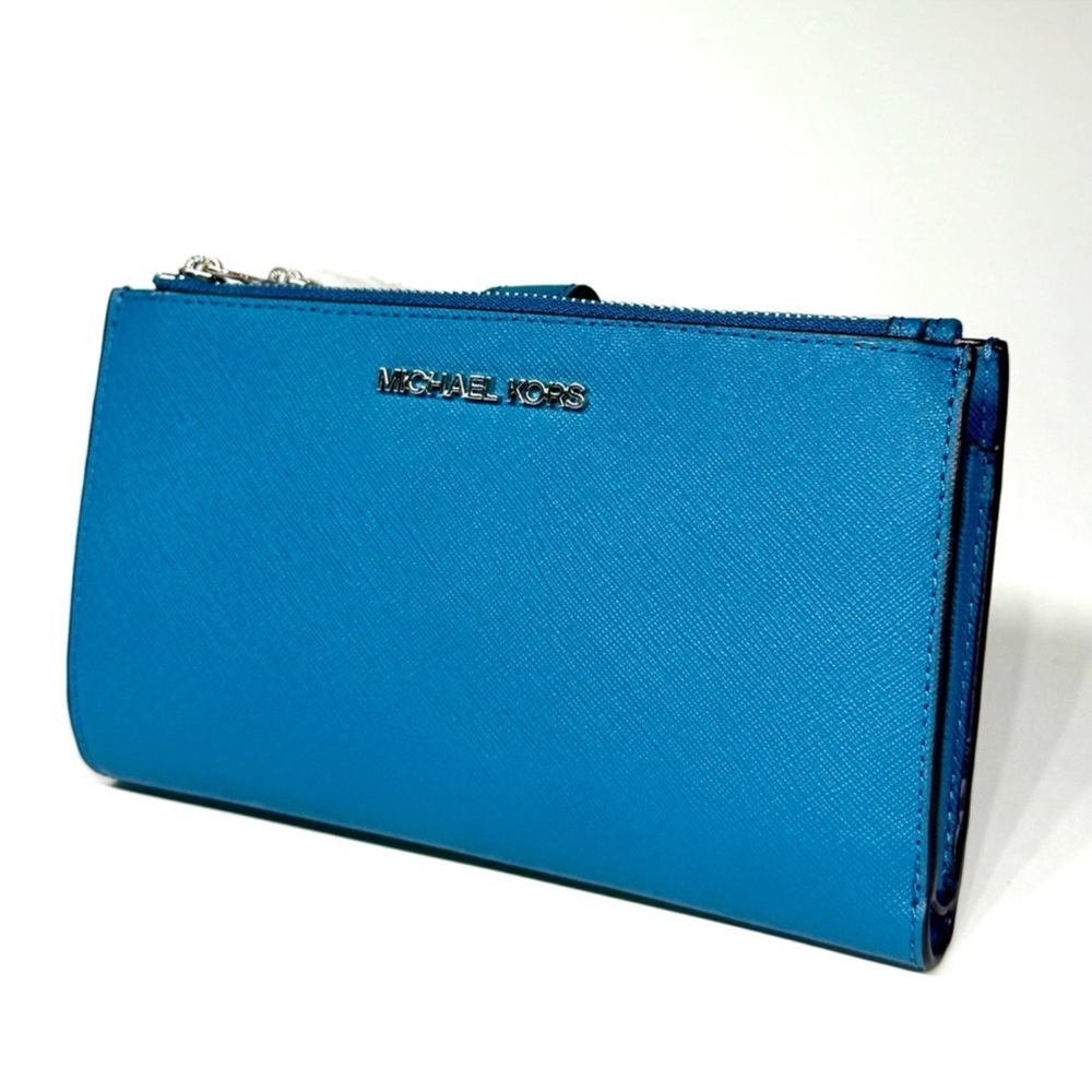 Michael Kors Large Jet Set Travel Logo Double Zip Wallet - Teal - Picture 3 of 7